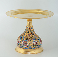 Дискос с поддискосником / ф280мм-1, 0л"№7" / филигрань, эмаль, роспись, чеканка, ручная гравировка / золочение Дискос с поддискосником / ф280мм-1, 0л"№7" / филигрань, эмаль, роспись, чеканка, ручная гравировка / золочение