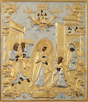 Икона живописная преподобного Сергия Радонежского 30х40, масло, риза №295, золочение Икона живописная преподобного Сергия Радонежского 30х40, масло, риза №295, золочение