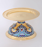 Дискос с поддискосником / ф280мм-к потиру 3, 0л"№6" / филигрань, эмаль, ручная гравировка / золочение Дискос с поддискосником / ф280мм-к потиру 3, 0л"№6" / филигрань, эмаль, ручная гравировка / золочение