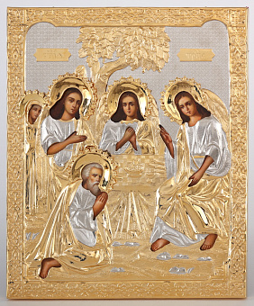 Икона живописная Святой Троицы 24х30 масло, риза №162, золочение Икона живописная Святой Троицы 24х30 масло, риза №162, золочение