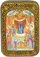 Икона Покров Богородицы ручной работы из дуба