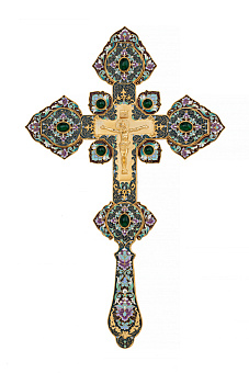 Крест напрестольный №4 литьевое распятие, филигрань, эмаль, хим.гравировка / золочение Крест напрестольный №4 литьевое распятие, филигрань, эмаль, хим.гравировка / золочение