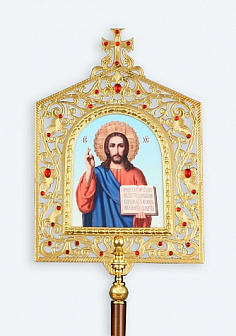 Крест-икона № 48 запрестольная фото на пластике выпиловка гравировка золочение с древками