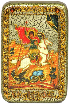 Настольная икона ''Чудо святого Георгия о змие'' на мореном дубе